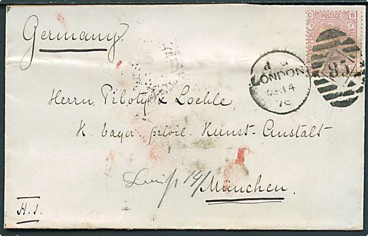 2½d Victoria plate 2 på brev annulleret med duplex London/85 d. 14.3.1876 til München, Bayern.