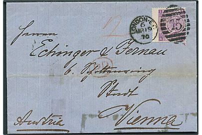 6d Victoria plate 8 på brev annulleret med duplex London EC/75 d 19.3.1870 til Wien, Østrig. Tape rester på bagsiden.