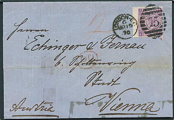 6d Victoria plate 8 på brev annulleret med duplex London EC/75 d 19.3.1870 til Wien, Østrig. Tape rester på bagsiden.