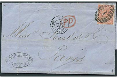 4d Victoria på brev annulleret med nr.stempel 1 fra London d. 26.4.1865 til Paris, Frankrig.