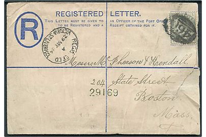 2d Victoria anbefalet helsagskuvert opfrankeret med 5d Victoria annulleret med nr.stempel 460 fra Liverpool d. 29.5.1884 til Boston, USA.