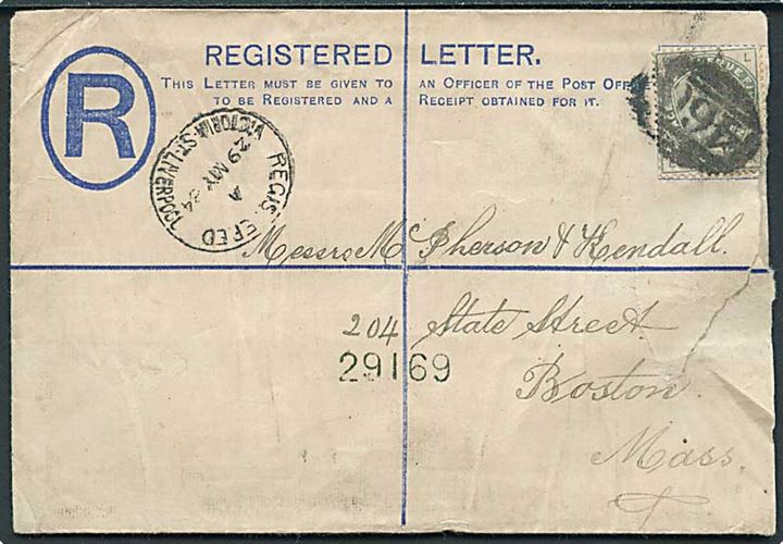 2d Victoria anbefalet helsagskuvert opfrankeret med 5d Victoria annulleret med nr.stempel 460 fra Liverpool d. 29.5.1884 til Boston, USA.