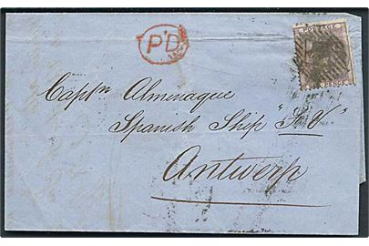 6d Victoria single på brev fra London d. 25.11.1859 via bureau Angleterre par Ambt Ouest til kaptajn på spansk skib FV i Antwerpen, Belgien.