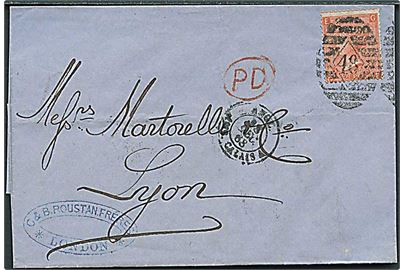 4d Victoria single på brev annulleret med nr.stempel 48 fra London d. 17.12.1868 til Lyon, Frankrig.