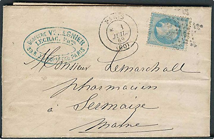 20 c. Napoleon III på brev fra Paris d. 1.7.1869 til Marne.