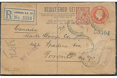 5d George V anbefalet helsagskuvert opfrankeret med 1½d George V fra London d. 19.10.1921 til Toronto, Canada.