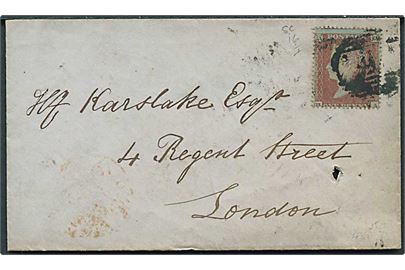 1d Victoria single på brev annulleret med nr.stempel 4 og på bagsiden stemplet Wantage  d. 9.8.1854 til London.