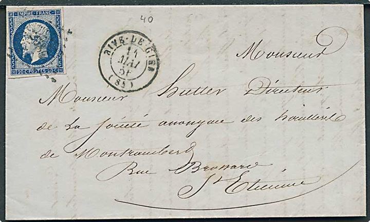 20 c. Napoleon III utakket på brev annulleret med svagt nr.stempel fra Rive de Gier d. 14.5.1856 til St. Etienne.
