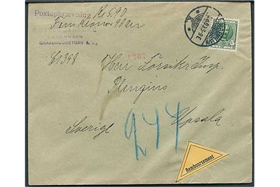 5 øre Fr. VIII single på tryksag med opkrævning fra Kjøbenhavn d. 5.8.1909 til Upsala, Sverige. Gebyr for postopkrævning indbefattet i opkrævningsbeløbet.