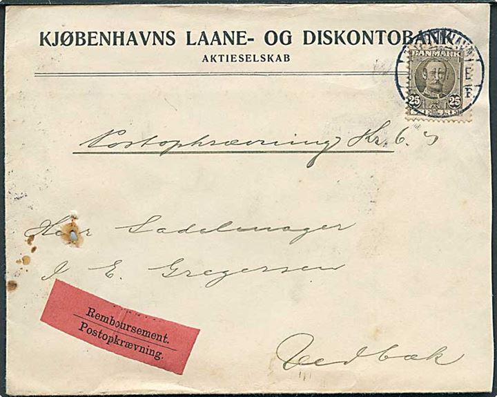 25 øre Fr. VIII single på brev med opkrævning fra Kjøbenhavn d. 30.9.1915 til Vedbæk.