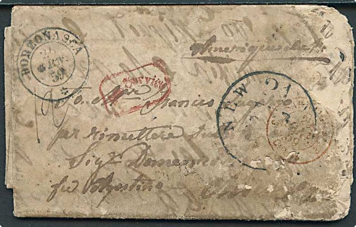 1859. Ufrankeret brev fra Borzonasca d. 26.1.1859 via Genova og fransk bureau og New York til USA. Meget utydelig adressering.