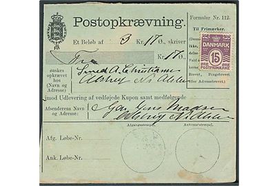 15 øre Bølgelinie, ustemplet, på lokal postopkrævning dateret d. 1.2.1909.