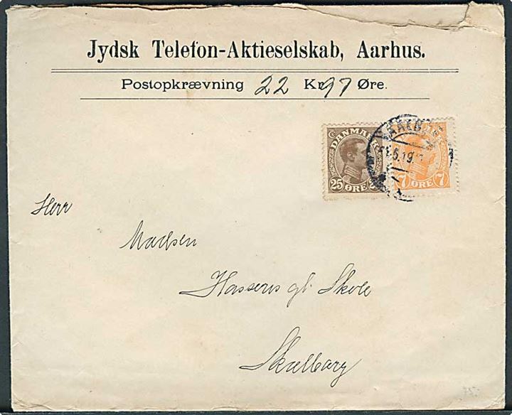 7 øre og 25 øre Chr. X på tryksag med postopkrævning fra Aarhus d. x.5.1919 til Hasseris gl. skole, Skalborg.