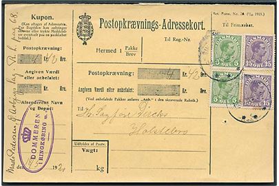 5 øre (2) og 15 øre (2) Chr. X på Postopkrævnings-Adressekort fra Ringkjøbing d. 13.5.1922 til Holstebro.