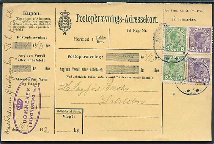 5 øre (2) og 15 øre (2) Chr. X på Postopkrævnings-Adressekort fra Ringkjøbing d. 13.5.1922 til Holstebro.