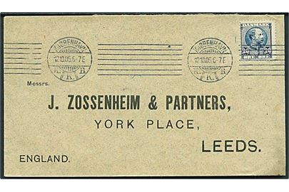 20 øre Chr. IX single på brev fra Kjøbenhavn d. 12.10.1905 til Leeds, England.