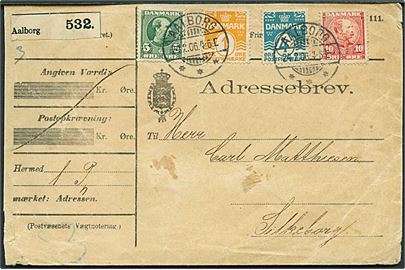 1 øre, 4 øre Bølgelinie, 5 øre og 10 øre Chr. IX på adressebrev for pakke fra Aalborg d. 24.2.1906 til Silkeborg.