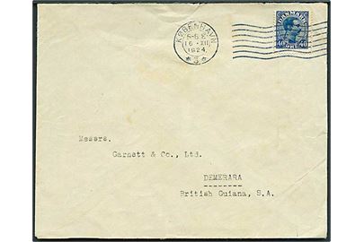 40 øre Chr. X single på brev fra København *3* d. 16.12.1924 til Demera, British Guiana, Sydamerika. På bagsiden Julemærke 1924 og ank.stempel Georgetown Br. Guiana d. 8.1.1924.