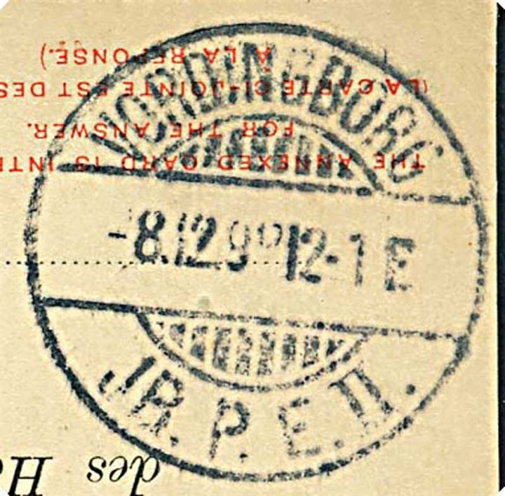 Engelsk 1d spørgedel af dobbelt helsagsbrevkort fra London d. 6.12.1898 til Vordingborg, Danmark. Ank.stemplet med sjældent brotype Ia Vordingborg JB.P.E. II. d. 8.12.1898.