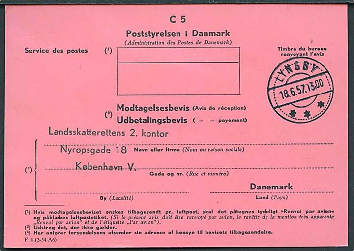 Modtagelsesbevis formular F.4 (3-54 A6) fra Lyngby d. 18.6.1957 til København.
