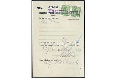 Attest for Indkøb af Frigørelsesmidler dateret d. 16.2.1921 med 5 øre Chr. X i parstykke annulleret med kontorstempel Vejle Postkontor. 