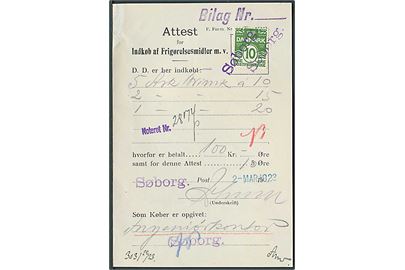 Attest for Indkøb af Frigørelsesmidler dateret d. 2.3.1923 med 10 øre Bølgelinie annulleret med kontorstempel: Søborg.