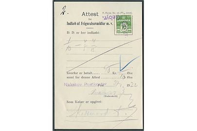 Attest for Indkøb af Frigørelsesmidler dateret Nakskov Postkontor d. 27.3.1922 med 10 øre Bølgelinie stemplet Gebyr..