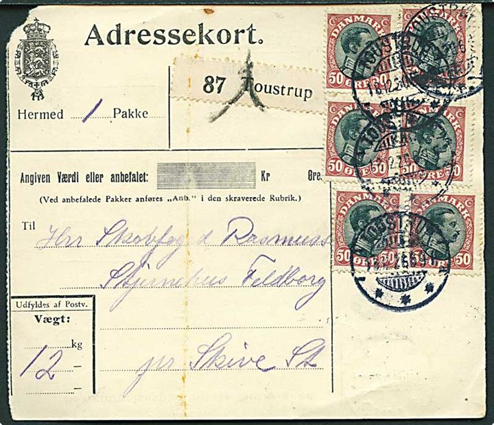 50 øre Chr. X (6) på adressekort for Toustrup d. 18.12.1920 til Feldborg pr. Skive.