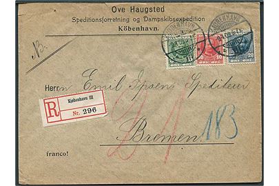 5 øre, 10 øre og 20 øre Fr. VIII på anbefalet brev fra Kjøbenhavn d. 9.4.1908 til Bremen, Tyskland.