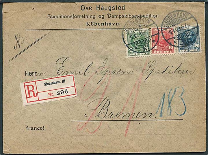 5 øre, 10 øre og 20 øre Fr. VIII på anbefalet brev fra Kjøbenhavn d. 9.4.1908 til Bremen, Tyskland.