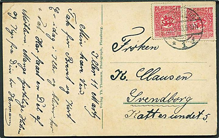 10 pfg. Fælles udg. (2) på brevkort (Wassersleben, Flensburger Förde) fra Flensburg d. 13.3.1920 til Svendborg, Danmark.