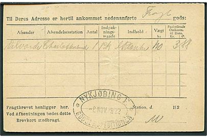 8/3 øre Provisorium på lokalt De Danske Statsbaner adviskort i Nykjøbing Falster d. 8.11.1922. På bagsiden privat jernbanestempel Nykjøbing F. * Godsekspeditionen *.