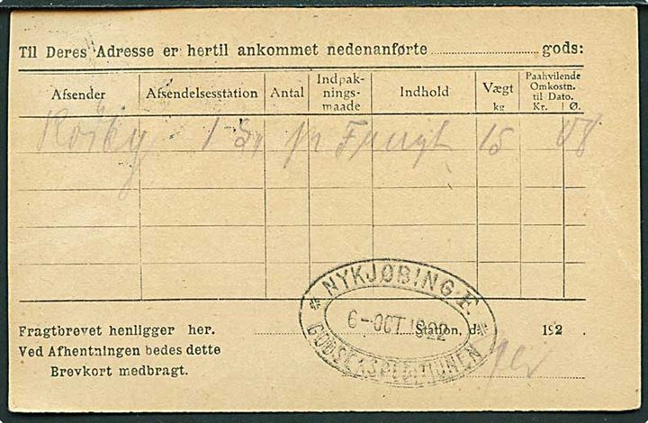 8/3 øre Provisorium på lokalt De Danske Statsbaner adviskort i Nykjøbing Falster d. 6.10.1922. På bagsiden privat jernbanestempel Nykjøbing F. * Godsekspeditionen *.