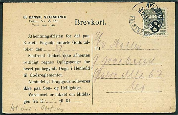 8/3 øre Provisorium på lokalt De Danske Statsbaner adviskort i Nykjøbing Falster d. 6.10.1922. På bagsiden privat jernbanestempel Nykjøbing F. * Godsekspeditionen *.