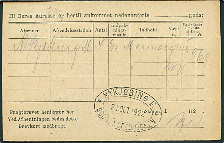 8/3 øre Provisorium på lokalt De Danske Statsbaner adviskort i Nykjøbing Falster d. 21.10.1922. På bagsiden privat jernbanestempel Nykjøbing F. * Godsekspeditionen *.