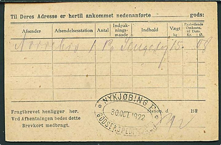 8/3 øre Provisorium på lokalt De Danske Statsbaner adviskort i Nykjøbing Falster d. 30.10.1922. På bagsiden privat jernbanestempel Nykjøbing F. * Godsekspeditionen *.