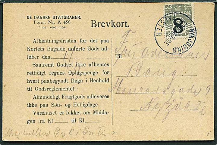 8/3 øre Provisorium på lokalt De Danske Statsbaner adviskort i Nykjøbing Falster d. 30.10.1922. På bagsiden privat jernbanestempel Nykjøbing F. * Godsekspeditionen *.