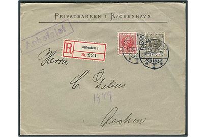 10 øre og 25 øre Fr. VIII på anbefalet brev fra Kjøbenhavn d. 16.9.1911 til Aachen, Tyskland.