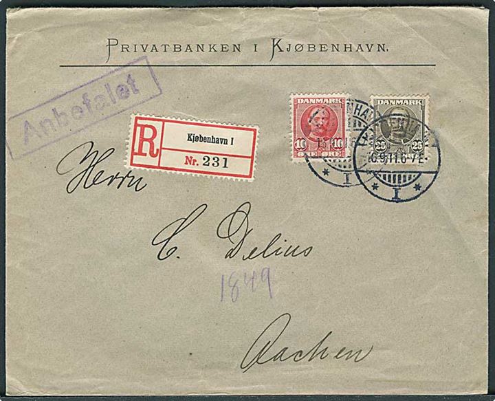 10 øre og 25 øre Fr. VIII på anbefalet brev fra Kjøbenhavn d. 16.9.1911 til Aachen, Tyskland.