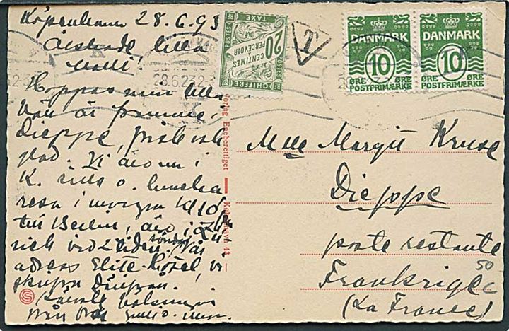 10 øre Bølgelinie i parstykke på brevkort fra København d. 28.6.1923 til poste restante i Dieppe, Frankrig. Påsat fransk 20 c. portomærke for poste restante gebyr.