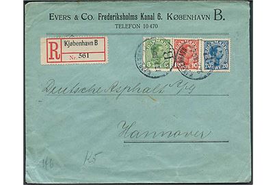 5 øre, 10 øre og 20 øre Chr. X på anbefalet brev fra Kjøbenhavn d. 27.7.1918 til Hannover, Tyskland. Uden spor efter censur.