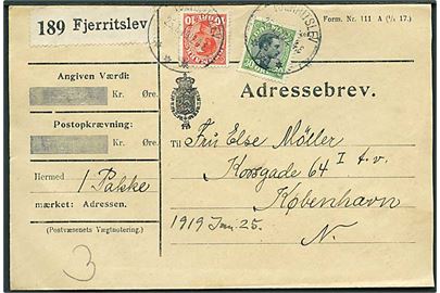 10 øre og 30 øre Chr. X på adressebrev for pakke fra Fjerritslev d. 25.1.1919 til Kjøbenhavn.