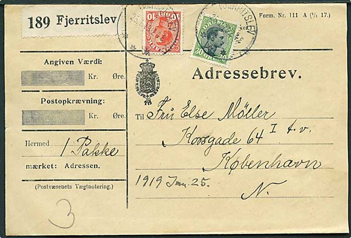 10 øre og 30 øre Chr. X på adressebrev for pakke fra Fjerritslev d. 25.1.1919 til Kjøbenhavn.