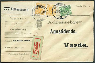 5 øre og 35 øre (par) Chr. X på adressebrev for ilpakke fra Kjøbenhavn d. 22.11.1917 til Varde.