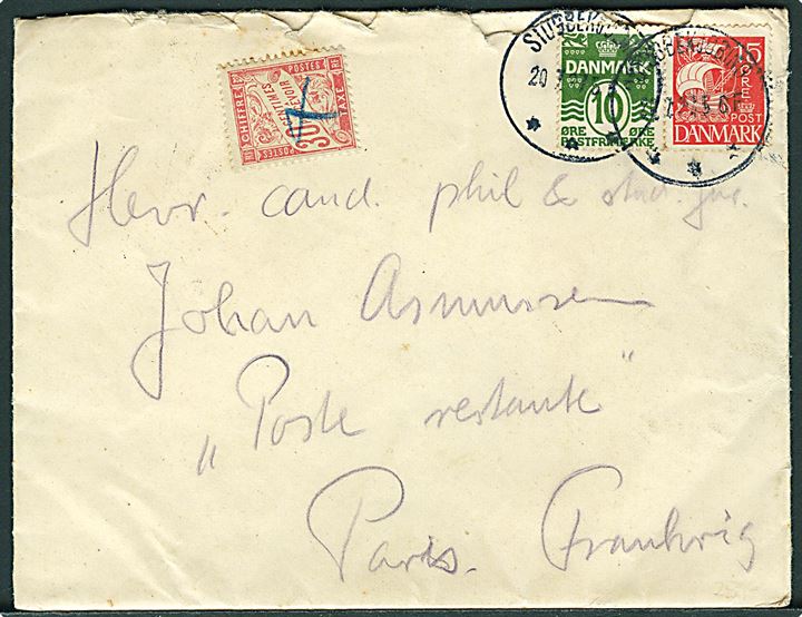 10 øre Bølgelinie og 15 øre Karavel på brev fra Stubbekjøbing d. 20.7.1927 til poste restante i Paris, Frankrig. Påsat fransk 30 c. portomærke som poste restante gebyr. Lidt flosset.