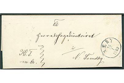 1863. Ufrankeret tjenestebrev mærket K.T.m.A. med antiqua Sæby d. 16.1.1863 via Frederikshavn til Nørresundby.