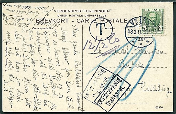 5 øre Fr. VIII på underfrankeret brevkort fra Vejen d. 13.3.1911 til Råhede pr. Hvidding i Nordslesvig. Rammestempel Utilstrækkelig frankeret og udtakseret i 10 pfg. tysk porto.