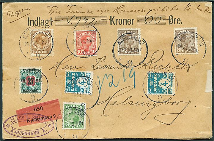 4 øre Bølgelinie (2), 5 øre, 10 øre 25 øre (2), 1 kr. Chr. X og 27 øre/1 kr. Provisorium på 2 kr. frankeret værdibrev fra Kjøbenhavn d. 29.7.1918 til Helsingborg, Sverige.