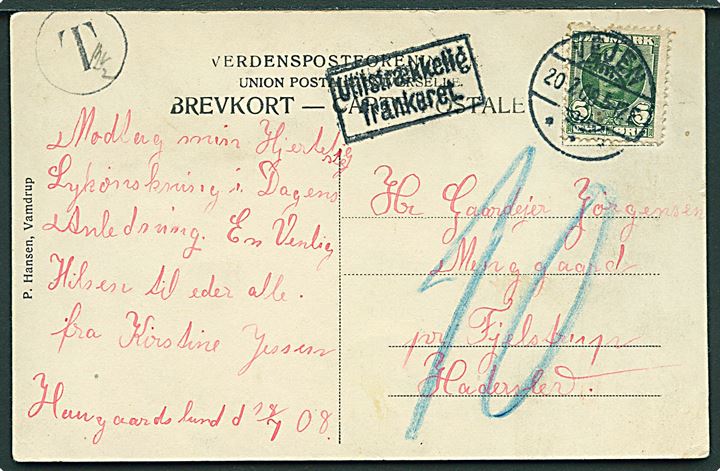 5 øre Fr. VIII på underfrankeret brevkort fra Vejen d. 20.7.1908 til Fjelstrup i Nordslesvig. Rammestempel Utilstrækkelig frankeret og udtakseret i 10 pfg. tysk porto.