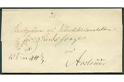 1857. Ufrankeret tjenestebrev med svagt antiqua Frederiksborg d. 28.7.1857 til Aarhus.